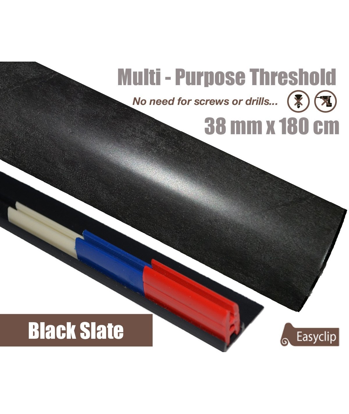 Black Slate Laminated Transition Threshold Strip 38mm Multi-Height/Pivots 180cm