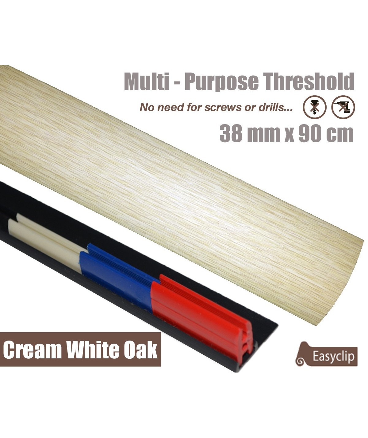 Cream White Oak Threshold Strip 38mm x 90cm laminate multi Purpose Adhesive Clip System