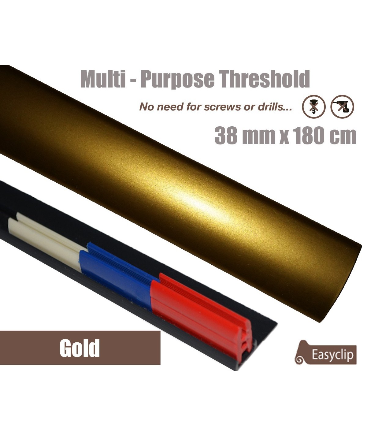 Gold Threshold Strip 38mm x 180cm laminate multi Purpose Adhesive Clip System