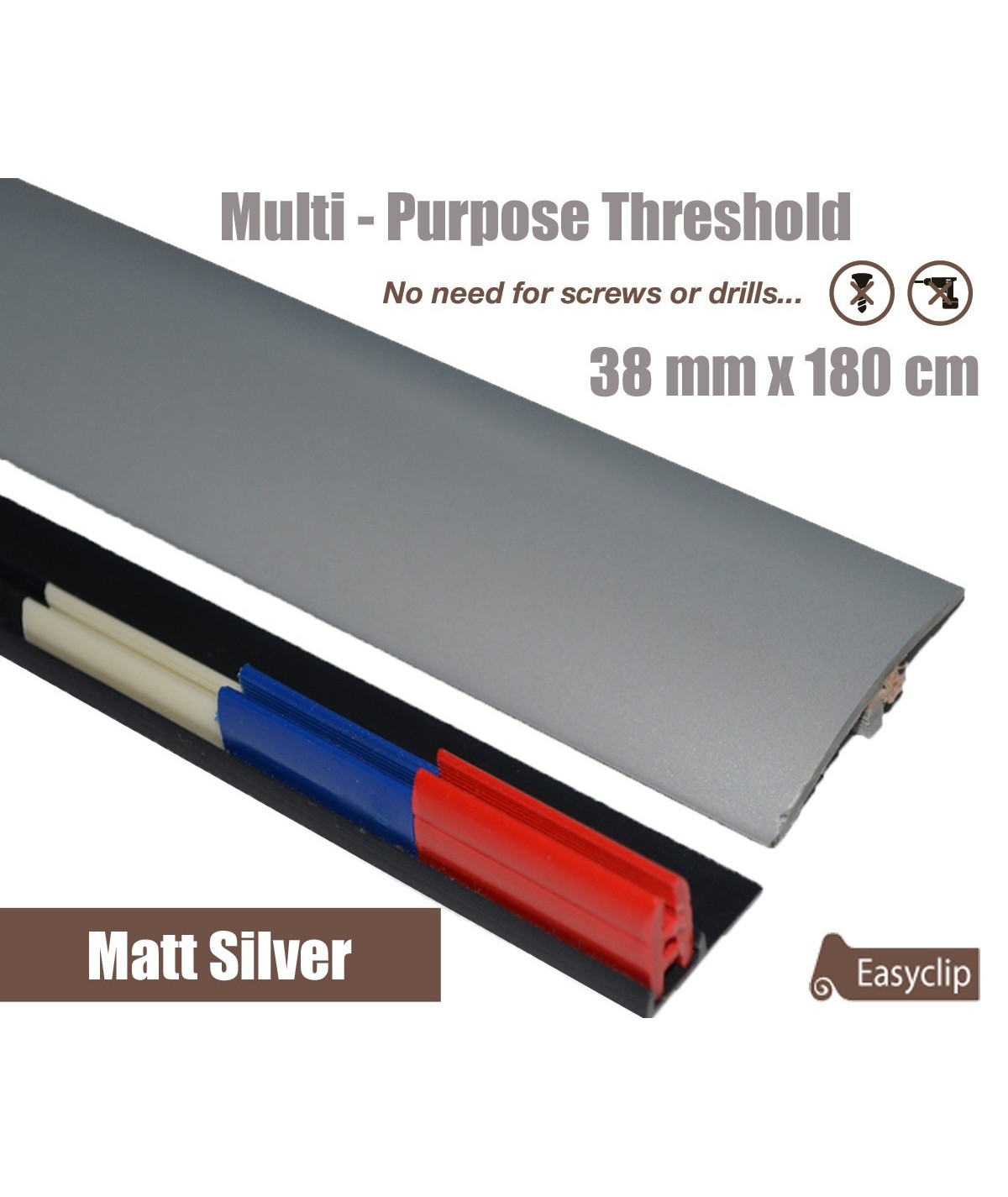 Matt Silver Threshold Strip 38mm x 180cm laminate multi Purpose Adhesive Clip System