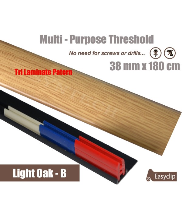 Light Oak Tri  laminate FinishThreshold Strip 38mm x 180cm multi Purpose Adhesive Clip System