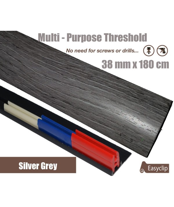 Silver Grey Threshold Strip 38mm x 180cm laminate multi Purpose Adhesive Clip System
