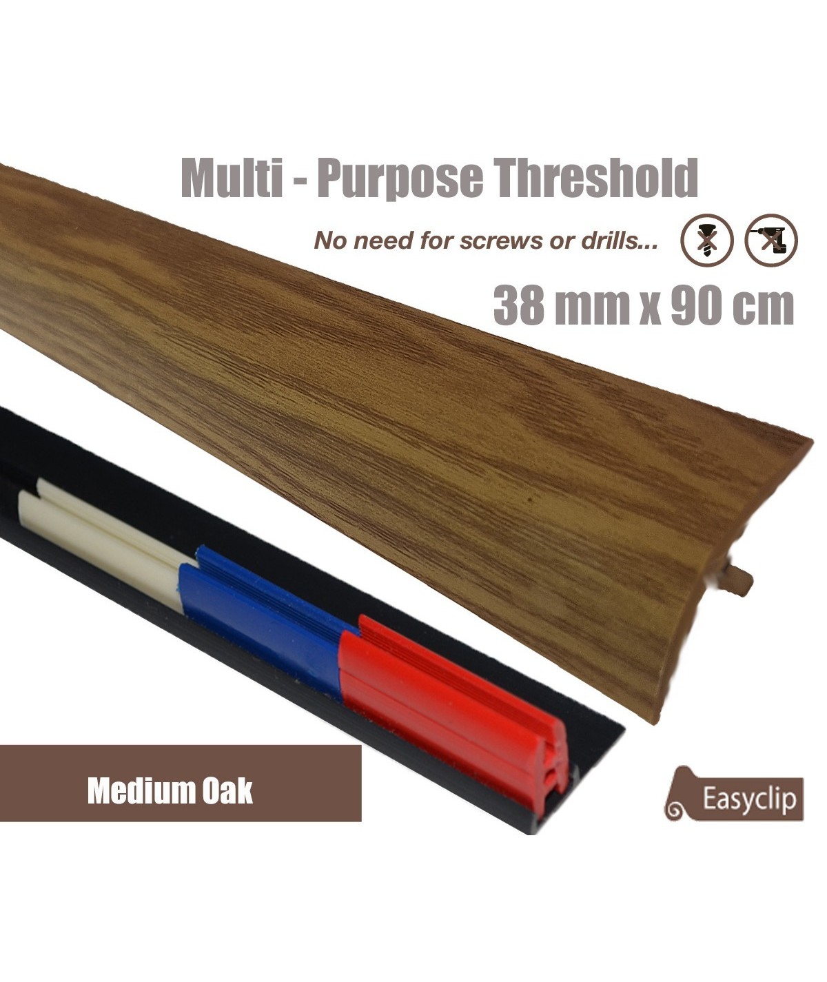 Medium Oak Adhesive Laminate Door Threshold Strip 38mm x 90cm Multi-Height/Pivots