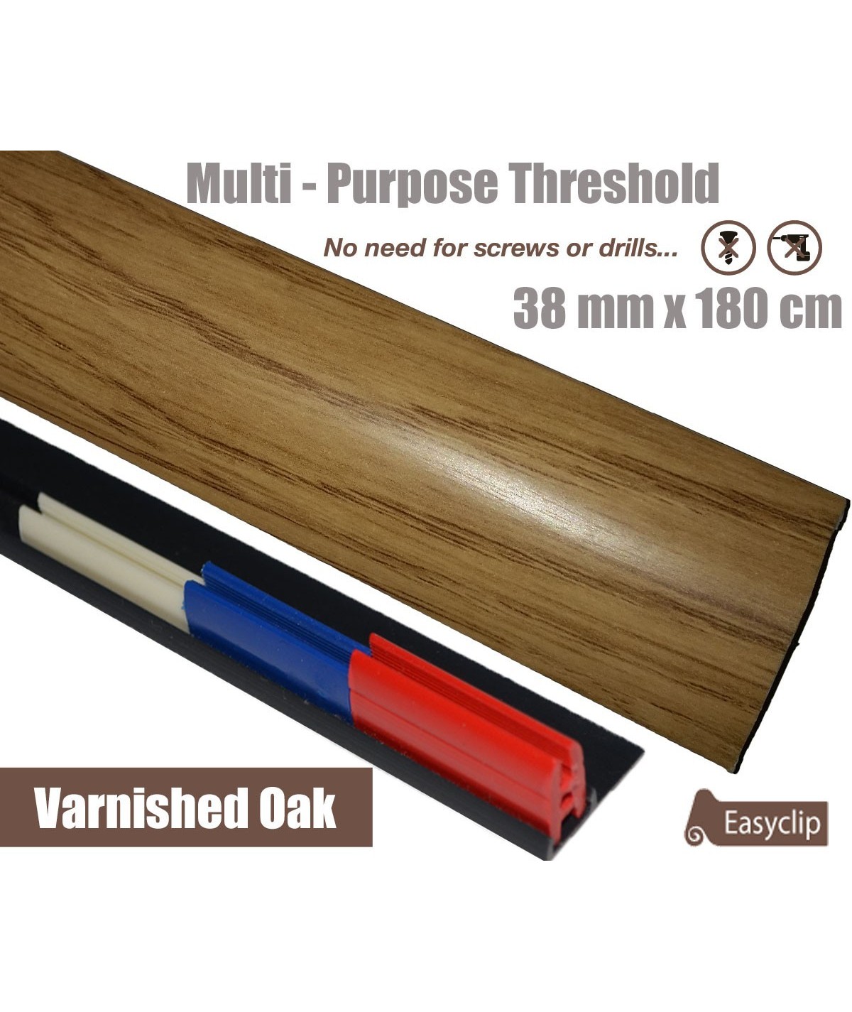 Varnished Oak Threshold Strip 38mm x 180cm laminate multi Purpose Adhesive Clip System