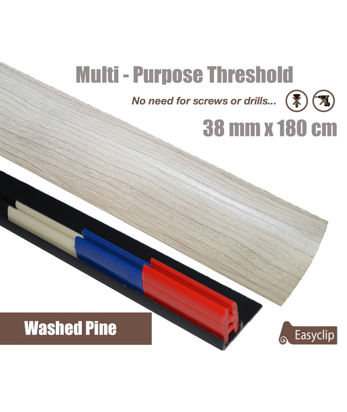 Washed Pine Threshold Strip 38mm x 180cm laminate multi Purpose Adhesive Clip System