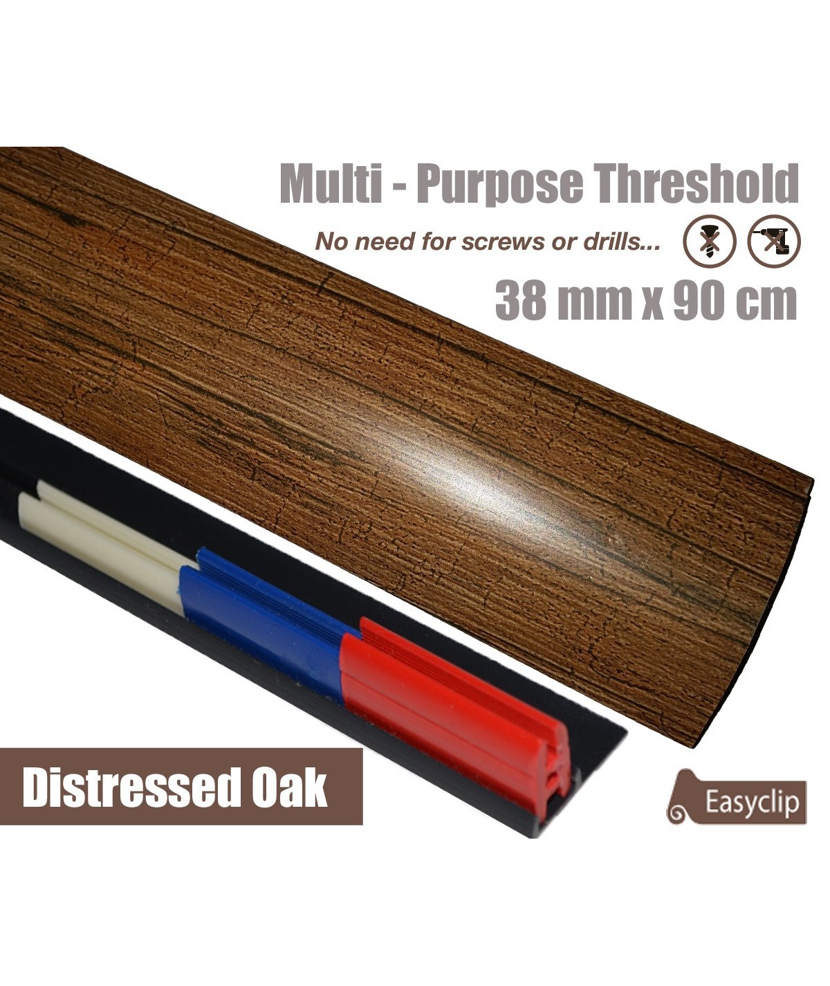 Distressed Oak Laminated Transition Threshold Strip 38mm Multi-Height/Pivots 90cm