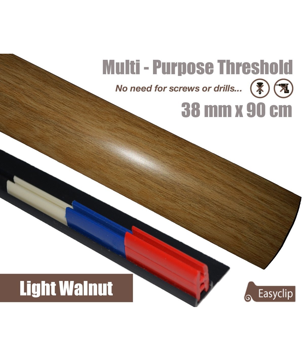 Light Walnut Laminated Door Threshold Strip 38mm x 90cm Multi-Height/Pivots Adhesive