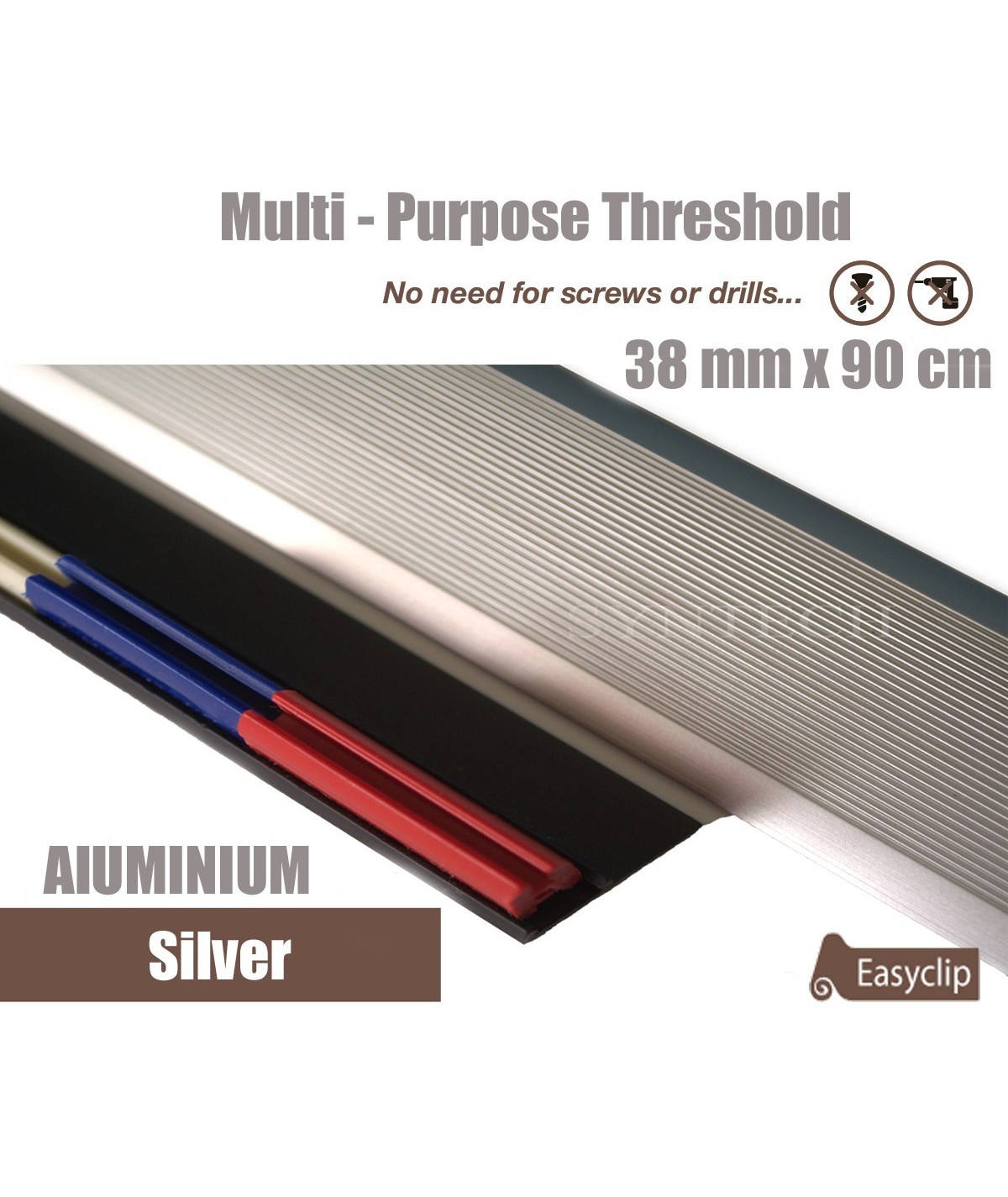 Silver 38mm x 90cm Aluminium Transition Threshold Strip Door Threshold Multi Purpose Easyclip Adhesive